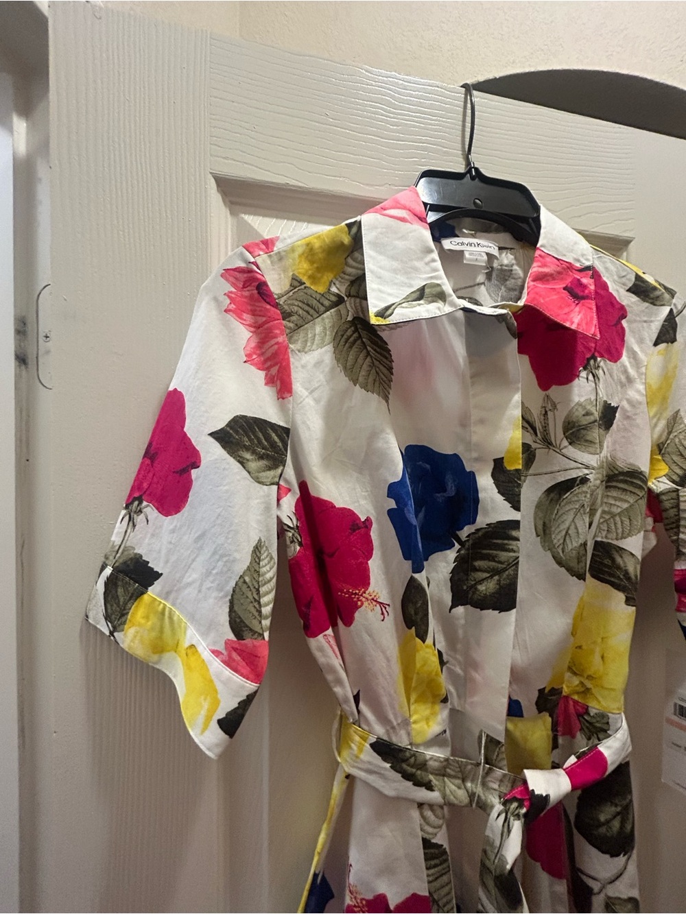 Floral Button-Front Shirt Dress with Tie Waist - White Multicolor - Picture 6 of 8
